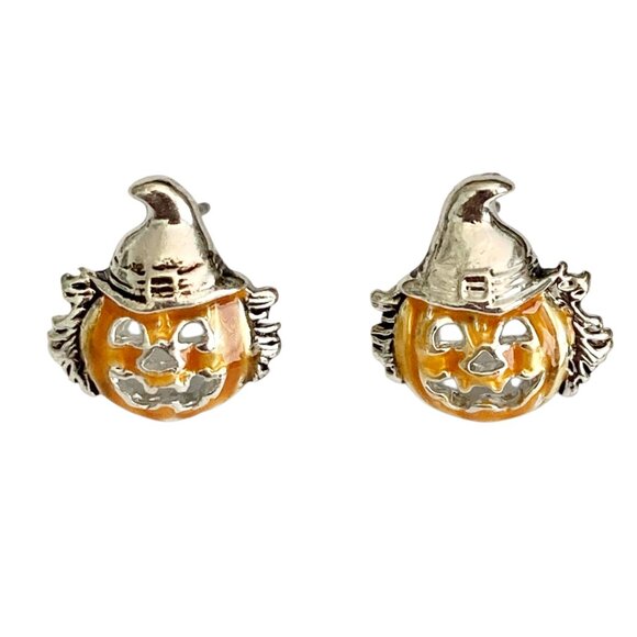 Vintage Jack O Lantern Pumpkin Post Stud Earrings Orange Halloween Scarecrow - Picture 4 of 10